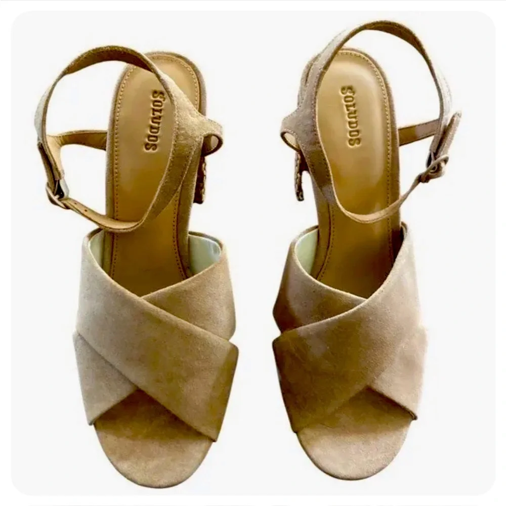 SOLUDOS Olivia Leather Suede Strappy Sandals Raffia Heel in Brown Desert 7